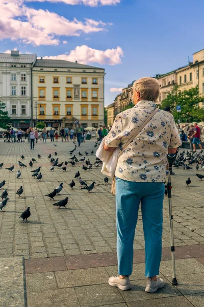 Eski Kasaba Meydanında Bastonlu Yaşlı Bir Turist Gün Batımında Güvercinlerin — Stok fotoğraf