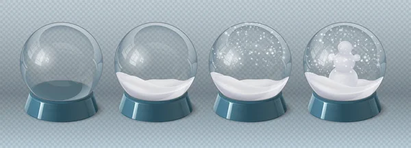 Globo de cristal mágico realista vacío, con nieve y muñeco de nieve. Bola de nieve de cristal de Navidad con decoración de invierno. Conjunto de recuerdo con vector de nevadas — Vector de stock