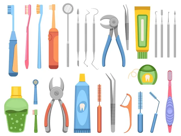 Lapos fogászati felszerelések, fogorvosi eszközök, fogkefék és szájvíz. Száj és fogak, szájápolási szakműszerek vektorkészlete — Stock Vector