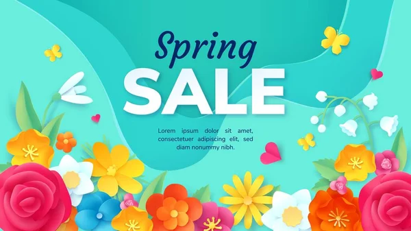 Banner de promoção de venda de primavera com flores de corte de papel. Cartaz com decoração floral origami 3d. Desconto de produto de moda oferecem design vetorial — Vetor de Stock