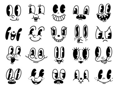 30 'lu yılların maskot karakterleri komik yüzler. 50 'li, 60' lı yılların animasyon gözleri ve ağız elementleri. Logo vektör kümesi için klasik komik gülümseme