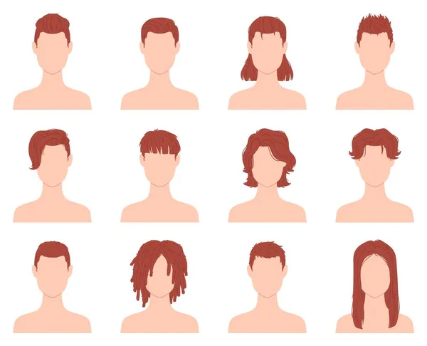 Мультяшні зачіски для чоловіків або хлопчиків з коротким, довгим і кучерявим волоссям. Чоловіча стрижка в перукарні. Плоска мода чоловіка зачіска значок векторний набір — стоковий вектор