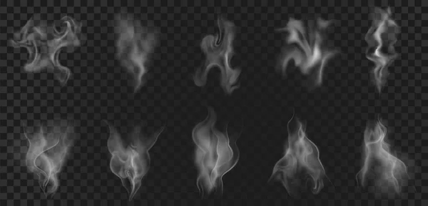 Efecto realista de vapor de café caliente, vapor de comida o humo. Ondas de aroma abstractas, vapor de té, remolinos de niebla, flujo de niebla y vectores de elementos de neblina — Archivo Imágenes Vectoriales