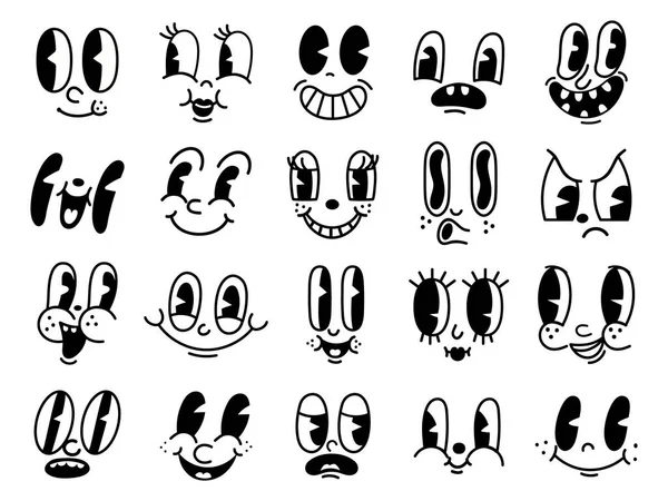 Retro 30s personajes de la mascota de dibujos animados caras divertidas. 50s, 60s old animation eyes and mouths elements. Vintage sonrisa cómica para el conjunto de vectores de logotipo — Vector de stock