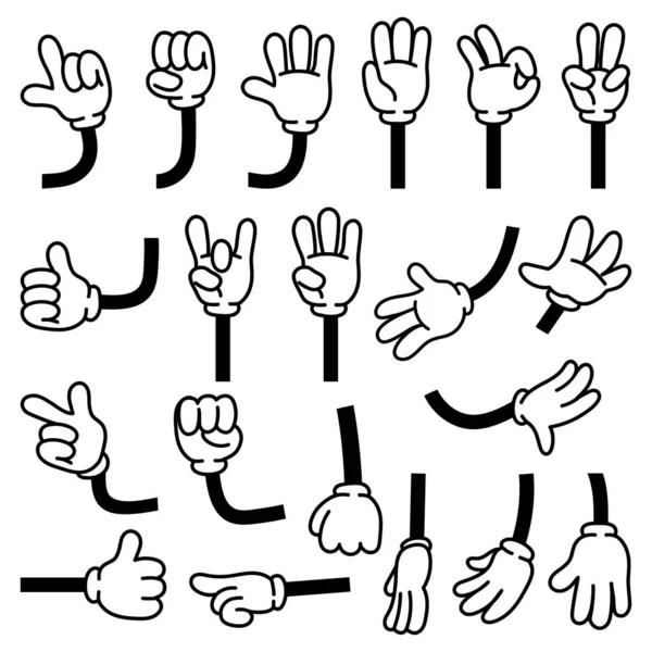 BD rétro mains gestes en gants pour personnages de dessins animés. Bras de caniche pointant du doigt. Pouce levé, poing, rock et signes de victoire ensemble vectoriel — Image vectorielle