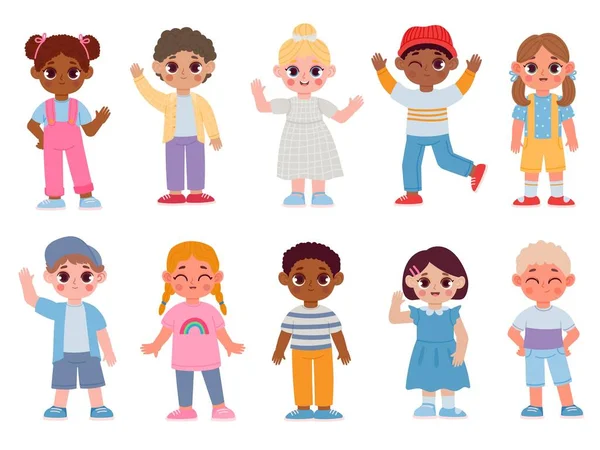 Dibujos animados felices niños multiculturales saludando y sonriendo. Personajes infantiles de jardín de infantes con gesto de saludo. Conjunto de vectores para niños y niñas — Vector de stock