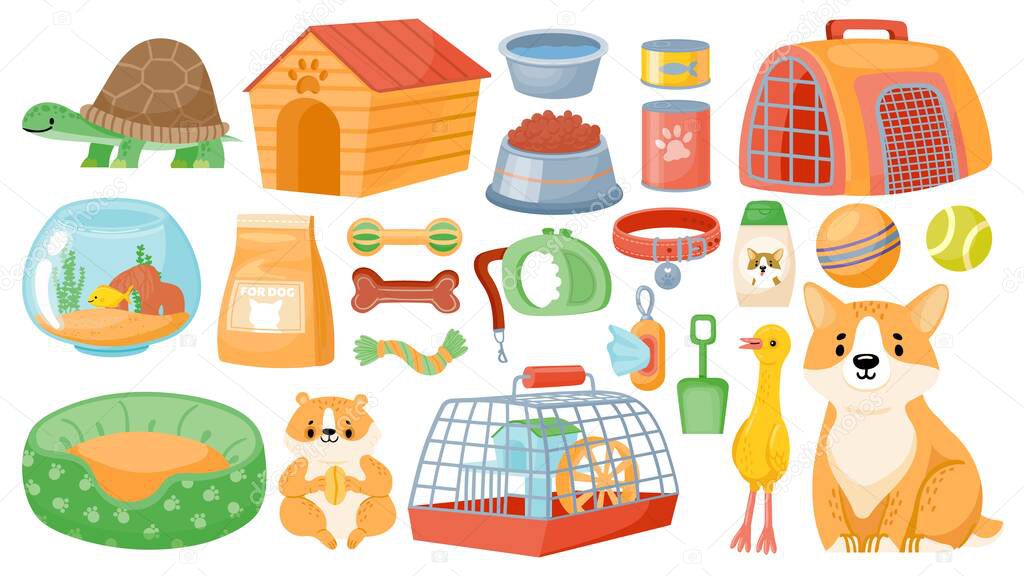 Cartoon pet food, accessories, care items, toys and treats. Animal shop supplies, collar, dog grooming, hamster cage and aquarium vector set