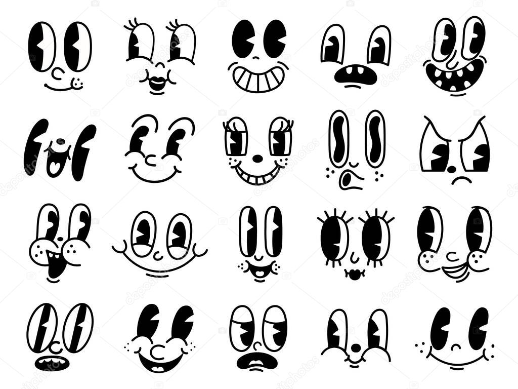 Retro 30s cartoon mascot characters funny faces. 50s, 60s old animation eyes and mouths elements. Vintage comic smile for logo vector set. Smiley caricatures with happy and cheerful emotions