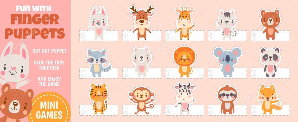 Finger puppets forest animals for paper cut kids activities. Home theater with handmade cartoon toys. Children craft education vector page