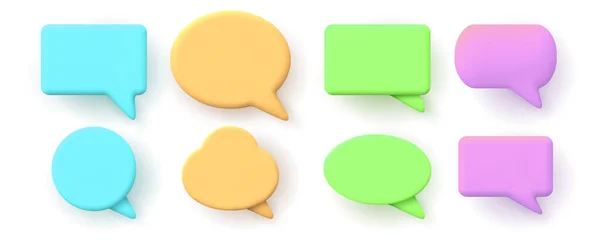 Notification 3d, message de chat ou formes de bulles de parole. Fenêtre de dialogue, rendu 3d éléments de conversation en ligne pour jeu de vecteurs de médias sociaux — Image vectorielle