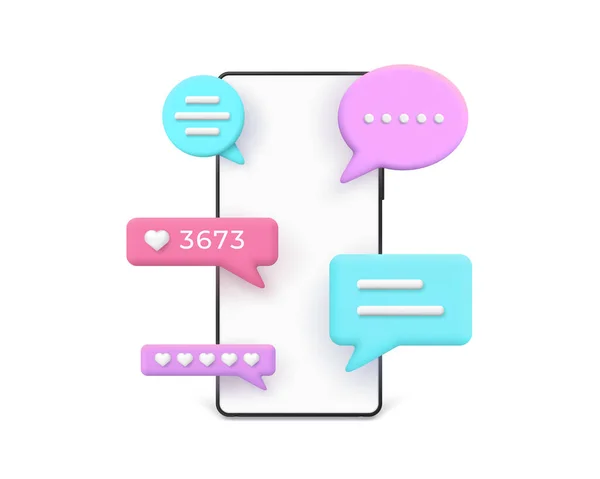 3d teléfono realista con mensajes emergentes y comentarios en burbujas de voz. Diálogo de texto Smartphone, notificación y concepto de vector de chat en línea — Vector de stock