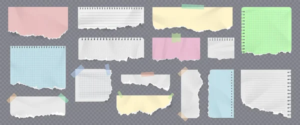 Tiras de cuaderno de papel de colores y páginas con bordes rasgados. Piezas de copybook desgarrado realista con cinta adhesiva. Juego de vectores de notas pegajosas arrugadas — Vector de stock