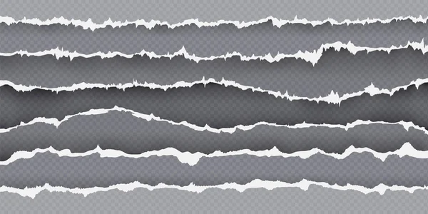 Abgerissene Papierstreifeneinfassung, Seite mit gerissenen Kanten. Realistisches zerrissenes Papier. Rahmen aus zerfetzten Blechteilen. Vektor-Set aus zerrissenem Karton — Stockvektor