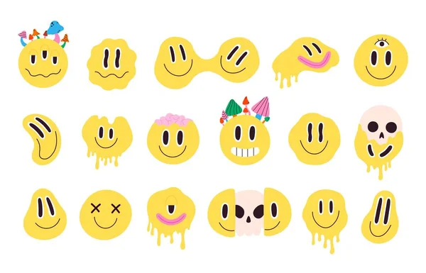 Retro smelten gek en druipend smiley gezicht met champignons. Verstoorde graffiti emoji met schedel. Hippie groovy glimlach karakter vector set — Stockvector