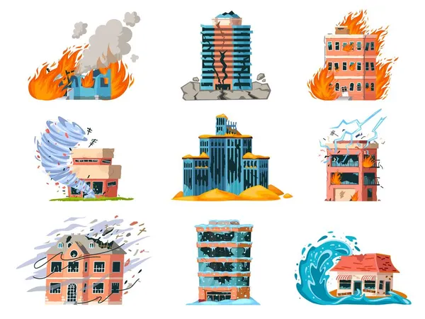 Natural disasters damage city building, earthquake, hurricane and fire. Home insurance for catastrophe, tornado or flood accident vector set — Stock Vector