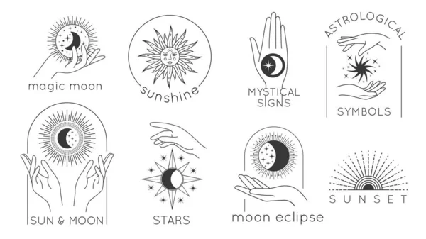 Manos místicas con logos de estrellas, sol y línea lunar. Diseño esotérico astrológico con manos mágicas de mujer, puesta de sol y puesta de sol mínima vector — Archivo Imágenes Vectoriales