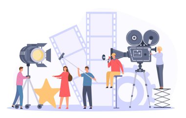 Film yapım ekibi kamera önünde film aktörü çekiyor. Düz sinema yönetmeni ve ekip video kaydı. Film yapımı sektör vektörü kavramı