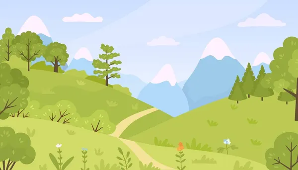 Flacher Wald mit Wiesen, Bäumen, Büschen und Gebirgslandschaft. Cartoon Frühling grüne Hügel Natur mit Blumen und Pflanzen Vektor Hintergrund — Stockvektor