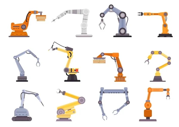Ρομπότ-εργοστάσια, χειριστές και γερανοί για την κατασκευή της βιομηχανίας. Επίπεδη μηχανικό εργαλείο ελέγχου, σύνολο διανυσμάτων εξοπλισμού τεχνολογίας αυτοματοποίησης — Διανυσματικό Αρχείο