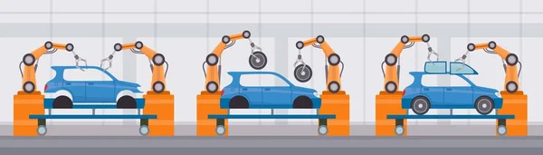Industry robot arm assemble cars on conveyor belt. Automobile factory automated manufacture. Flat machine construction line vector concept — Stock Vector