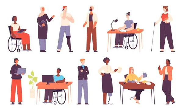 Διαφορετικοί άνθρωποι εργάζονται, πολυπολιτισμικοί εργαζόμενοι γραφείου ή φοιτητές. Μουσουλμάνα επιχειρηματίας. Συμπερίληψη χώρου εργασίας με διανυσματικό σύνολο χαρακτήρων με αναπηρία — Διανυσματικό Αρχείο