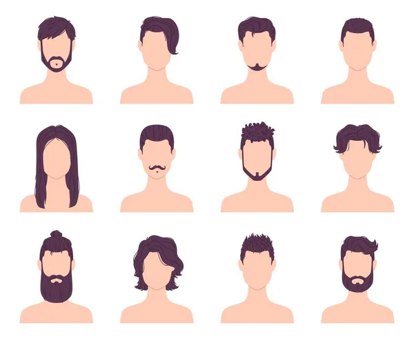 Uomini dei cartoni animati avatar moda acconciature, baffi e barbe. Tagli di capelli corti e lunghi moderni maschili. Set vettoriale di icone in stile barbiere — Vettoriale Stock