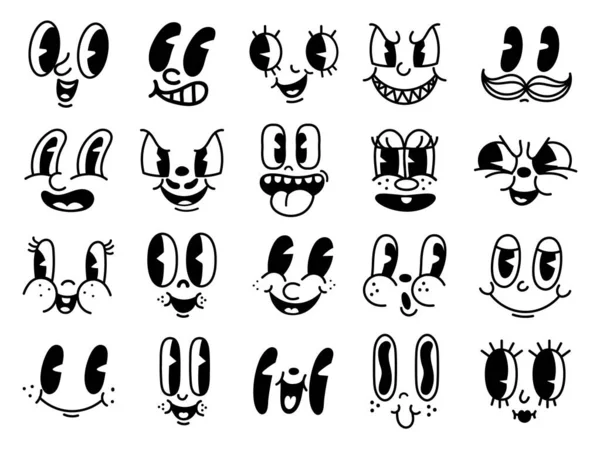 Vintage anni '50 cartoni animati e comici espressioni facciali felici. Vecchia animazione divertente volto caricature. Personaggi stravaganti retrò sorridono emoji set vettoriale — Vettoriale Stock