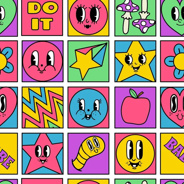 Lustige verrückte Charaktere nahtlose Quadrate Mosaikmuster. Geometrische psychedelische Comicformen mit 50er Retro-Cartoon-Gesichtern Vektor-Tapeten-Set — Stockvektor