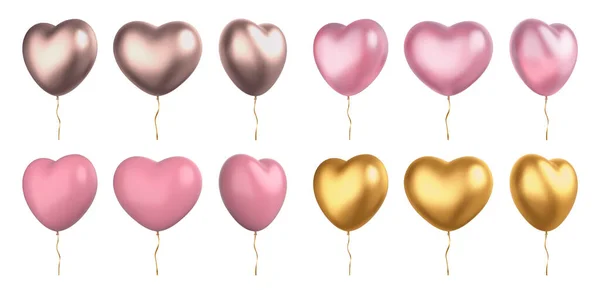 Realista 3d valentine rosa y oro en forma de corazón globos. Decoración de la boda símbolo de amor con cintas. Día de San Valentín corazones vector conjunto — Archivo Imágenes Vectoriales