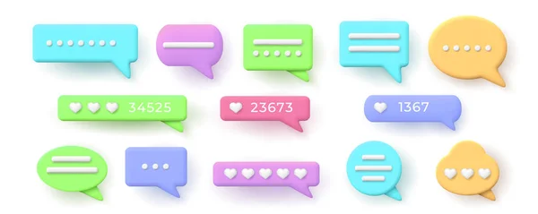Burbujas de voz 3d para mensajes de chat y como botón. Globo con clasificación de corazones de redes sociales. Juego de vector de marco de notificación de conversación — Vector de stock