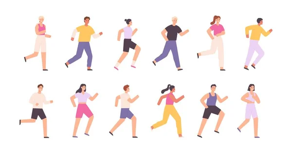 Desenhos animados atleta personagens jogging, maratona de corrida ou corrida. Corredores em evento desportivo. Atividade de estilo de vida saudável. Conjunto de vetor de exercício de pessoas —  Vetores de Stock