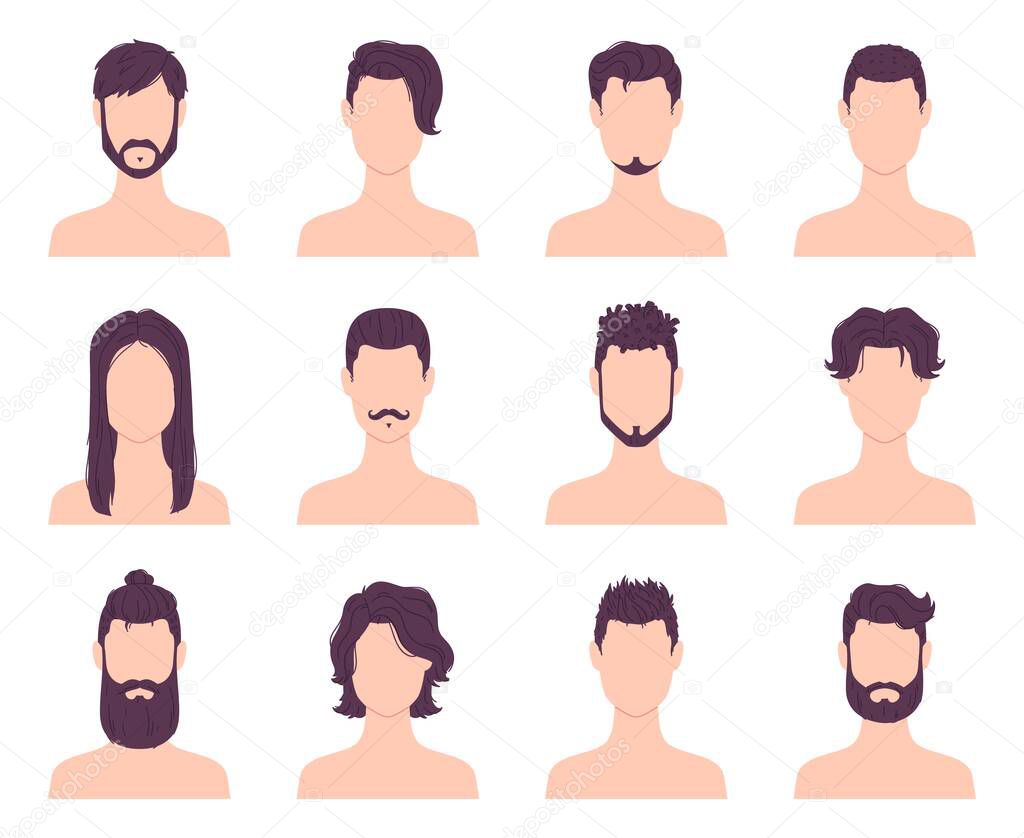 Cartoon men avatars fashion hairstyles, mustaches and beards. Male modern short and long haircuts. Barber shop hair style icons vector set
