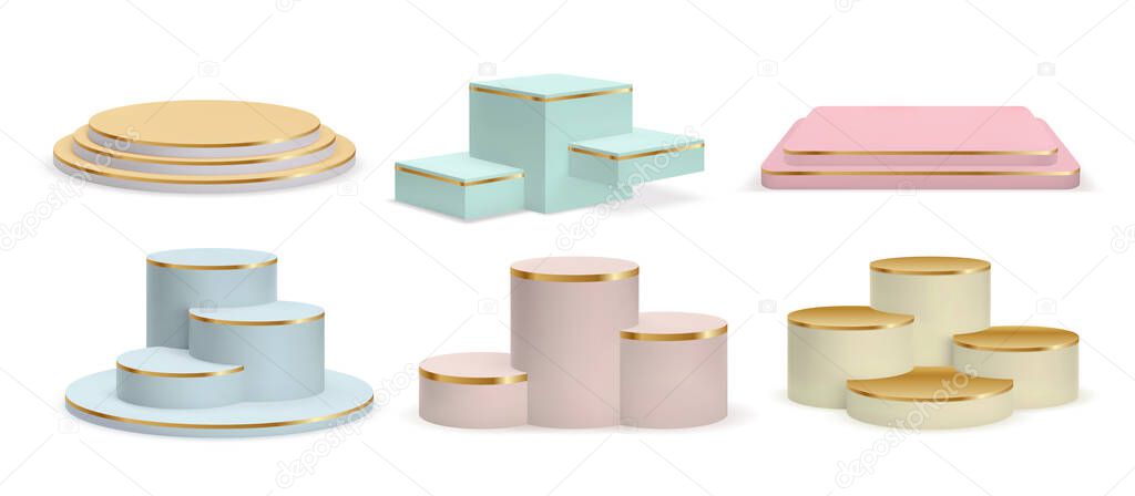 Realistic golden podiums, cylinder pedestals and display platforms. Luxury product 3d show room in pastel colors with gold stairs vector set