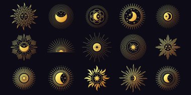 Ay, güneş ve yıldızlar, göksel boho çizgisi elementleri. Şık altın mistik astroloji sembolleri. Minimalist yoga dövmesi ve logo tasarım vektörü seti