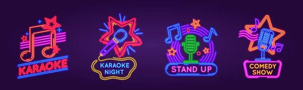 Neon skyltar för karaokeklubben och stå upp komedi show. Musik och sång fest kväll glödande logotyper. Karaoke bar händelse affisch vektor set — Stock vektor