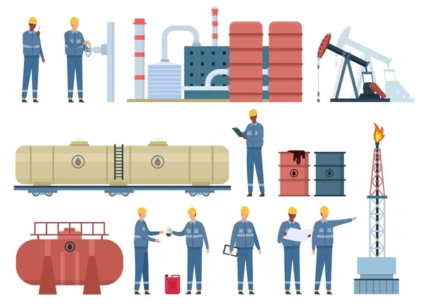 Trabalhadores de engenharia de petróleo plana e edifícios da indústria do gás. Equipamento de petróleo, refinaria, tanques de combustível e barris. Conjunto de vetores de inspeção de oleodutos —  Vetores de Stock