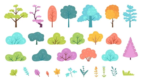 Arbusto mínimo plano, arbusto, árbol, hierba, planta silvestre y flor. Bosque de dibujos animados, prado, parque o jardín, conjunto de vectores de elementos de paisaje de primavera — Archivo Imágenes Vectoriales