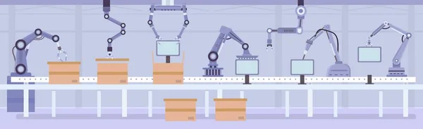 Brazos de robot automatizados planos en línea de montaje de fábrica. Fabrica transportador con productos y cajas. Industria automatización máquina vector concepto — Archivo Imágenes Vectoriales