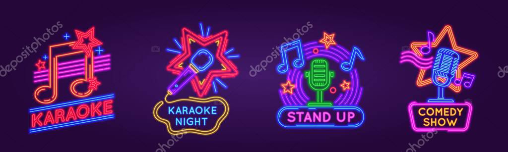 Neon signs for karaoke club and stand up comedy show. Music and song singing party night glowing logos. Karaoke bar event poster vector set. Nightlife street illuminated signboards