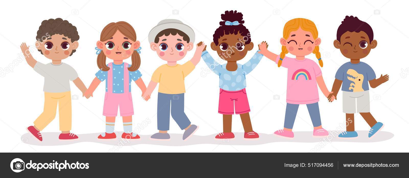 Flerkulturell barnehage-venner holder hverandre i hånden. Lykkelige barn  mangfoldige gruppe. Flerbarns- og jentetegnsbegrep stockvektor ©  tartila.stock.gmail.com #517094456, image size:1600x700