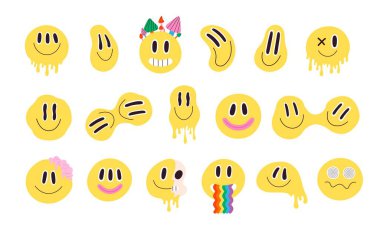 Gökkuşağı deforme olmuş modaya uygun gülen yüzler. Çılgın gülümseyen moda emoji. Trippy acid eriyen graffiti gülümseme etiketleri vektör seti