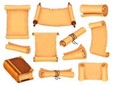 Fantezi oyunu için karikatür parşömen kağıdı ve sihirli kitap. Eski büyücü parşömenleri. Yaşlı papirüs, ortaçağ hazine haritaları ve harf vektörü.