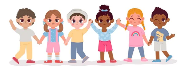 Los amigos infantiles multiculturales del jardín de infancia de dibujos animados se toman de la mano. Niños felices grupo diverso. Multiracial niño y niña personajes vector concepto — Archivo Imágenes Vectoriales