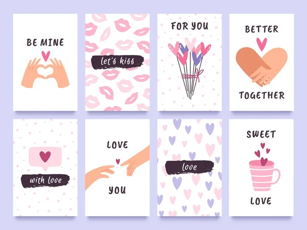 Cartões de dia de Valentim e impressões com mãos de par, corações e beijos. Tags de presente de amor bonito com citações. Conjunto de vetor de design valentine feliz — Vetor de Stock