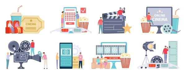 Industria cinematográfica, cine o conceptos de cine en línea. Dibujos animados personas viendo películas en el teléfono o la televisión y la compra de entradas vector conjunto — Archivo Imágenes Vectoriales