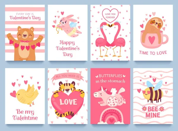 かわいい動物とバレンタインカード。漫画のウサギ、ユニコーン、フラミンゴと蜂とバレンタインデーのためのポスター。ハートベクトルセットの動物 — ストックベクタ
