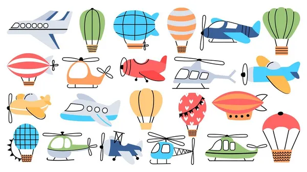 Lufttransport im kindlichen Stil, Flugzeug, Hubschrauber, Luftschiff und Ballon. Fliegende Flugzeuge für Kinderzimmer Dekoration, Reisen Vektor-Set — Stockvektor