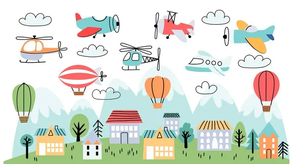 Дитячий розплідник з літаками, повітряними кулями та хмарами. Дитячі шпалери з будинками, горами та літаками, векторний пейзаж — стоковий вектор