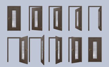 Gerçekçi 3D siyah ön kapı açılıp kapanıyor. Ev, daire ya da oda giriş kapısı aralık, animasyon çerçeve vektörü ayarlı