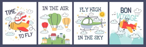 Camiseta de bebé de dibujos animados impresiones con aeroplano y globos de aire. Lindo piloto de animales en avión. Cartel de viaje para niños con juego de vectores de transporte aéreo — Vector de stock